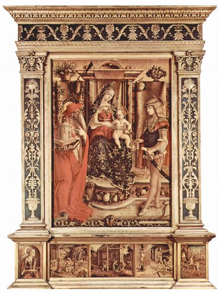 Enthroned Madonna, St. Jerome and St. Sebastian, 1490 - Карло Крівеллі