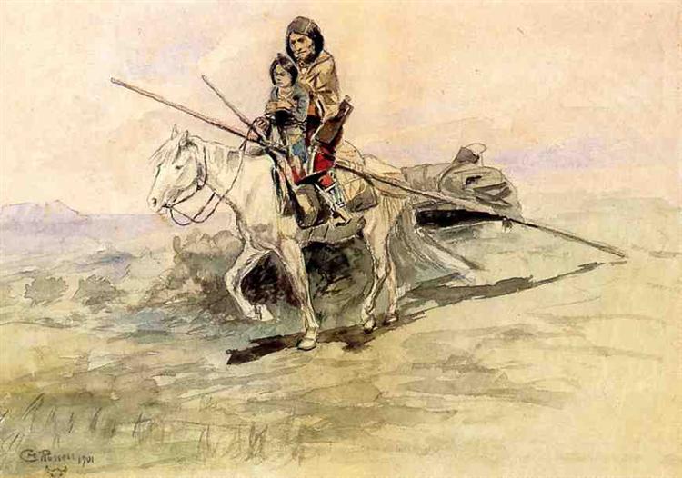 Indian on Horseback with a Child, 1901 - Charles M. Russell