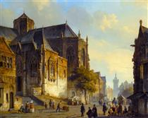 Figures on a Market Square in a Dutch Town - Cornelis Springer