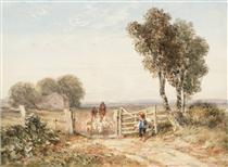 Boy Opening a Gate for Sheep - David Cox