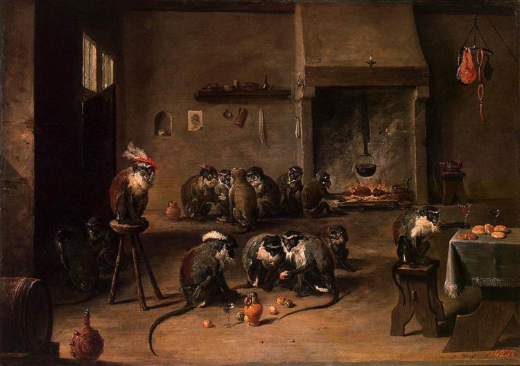 Обезьяны в кухне, c.1645 - Давид Тенирс Младший