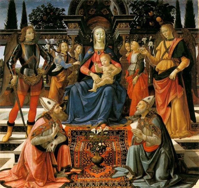 Madonna and Child Enthroned with Four Angels, the Archangels Michael and Raphael, and St. Gusto and St. Zenobius, 1480 - 1485 - Доменіко Гірляндайо