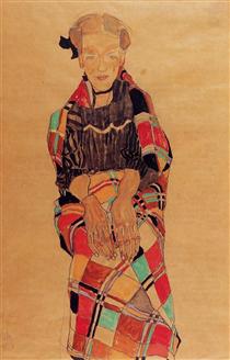 Girl in Black Pinafore, Wrapped in Plaid blanket - Egon Schiele