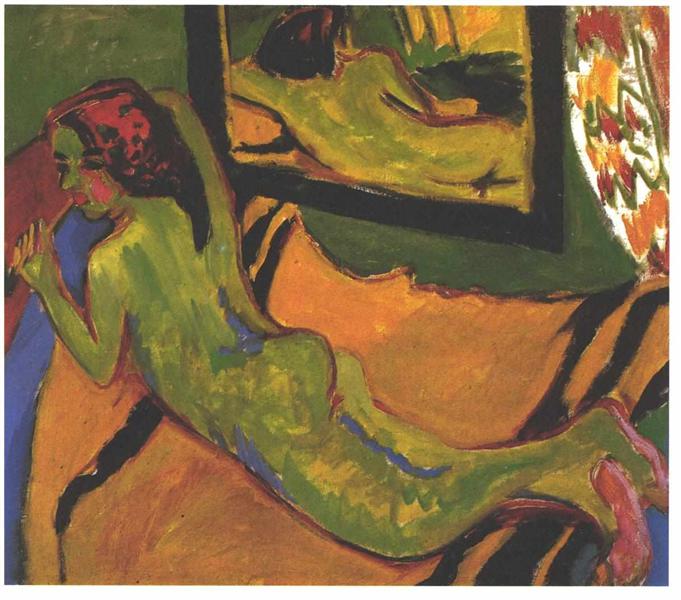 Reclining Female Nude in Front of a Mirror - Ernst Ludwig Kirchner