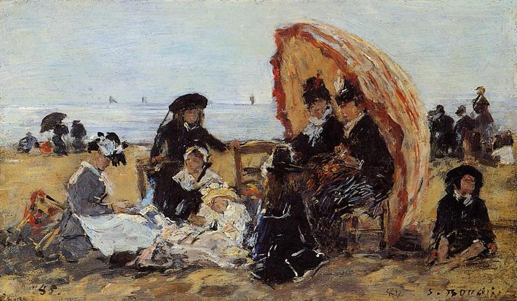 Trouville, on the Beach Sheltered by a Parasol, 1895 - Эжен Буден