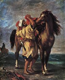 A Moroccan Saddling a Horse - 德拉克洛瓦