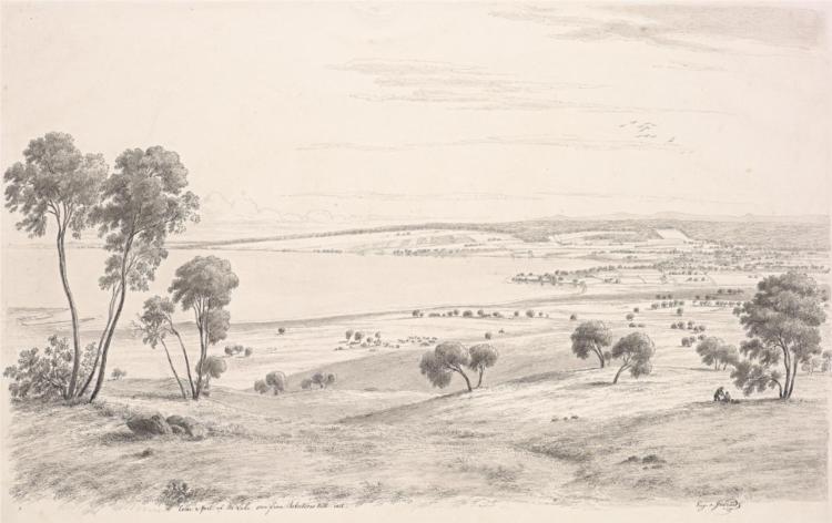 Colac and part of the lake seen from Robertson's Hill east, 1858 - Eugene von Guerard