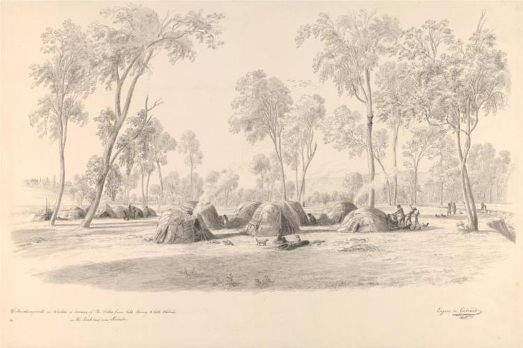 Winter encampments in wurlies of divisions of the tribes from Lake Bonney and Lake Victoria in the parkland near Adelaide, 1858 - Eugene von Guerard