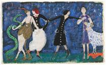 Euridice and her Snake, Two Tango Dancers and St. Francis. Costume design for the artist's ballet "Orphée of the Quat'z Arts" - Florine Stettheimer