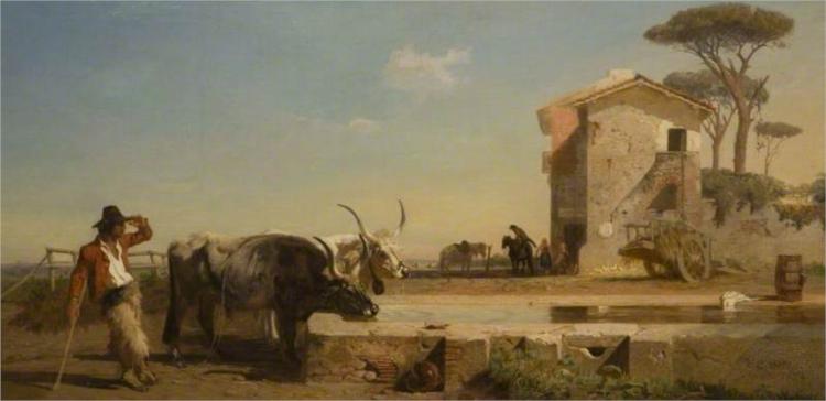 Cattle at a Drinking Place in the Campagna, Rome, 1854 - Джордж Хемінг Мейсон