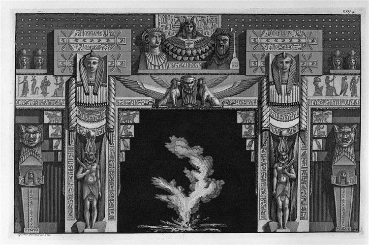 Egyptian-style fireplace, the frieze of a lion mask between two sphinxes on the sides sacred figures standing with a lion`s head - Giovanni Battista Piranesi