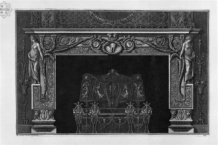 Fireplace: in the frieze horse skull between two cameos; rich interior wing - Giovanni Battista Piranesi