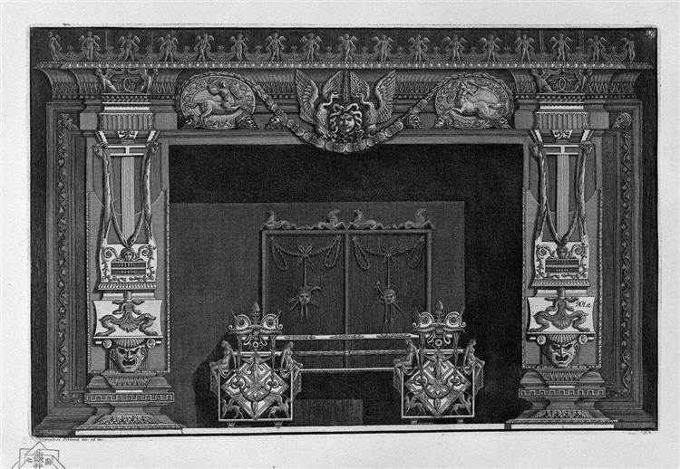 Fireplace: in the frieze of a Medusa`s head between two swans, flanked by two centaurs in the race, a rich interior wing - Джованни Баттиста Пиранези