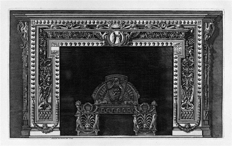 Fireplace with a cameo in the frieze and border of small acorns, rich wing - Джованні Баттіста Піранезі