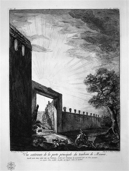 Profiles in large Ionic order forming the upper part of the tomb - Giovanni Battista Piranesi