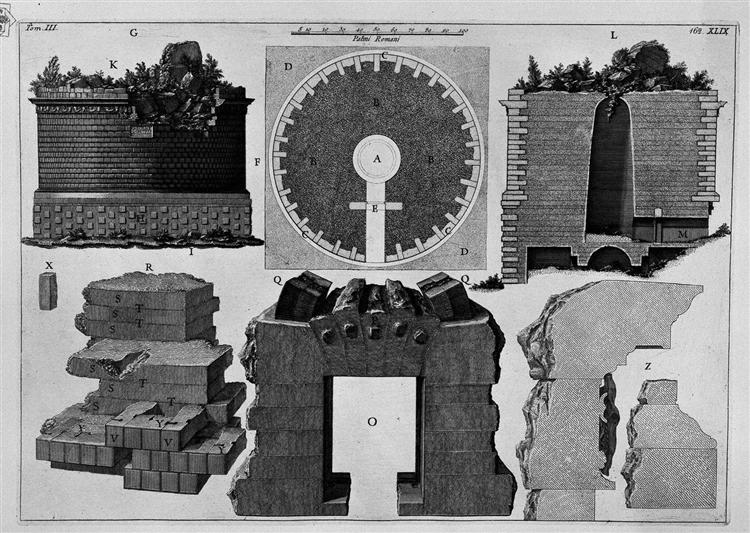 The Roman antiquities, t. 3, Plate L. Plan and construction details of the Mausoleum of Cecilia Metella. - Джованни Баттиста Пиранези