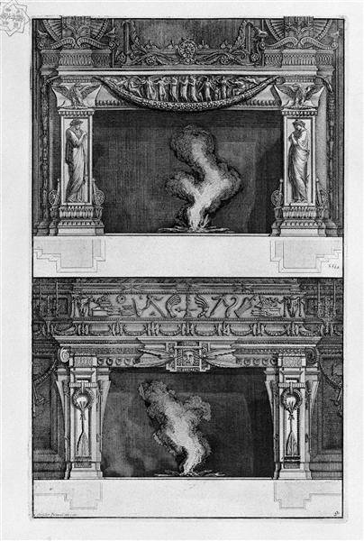 Two fireplaces overlapping: the support auletridi with two sides, and numerous figures in the frieze contained a garland strung between two eagles, the inf with a tragic mask - 皮拉奈奇