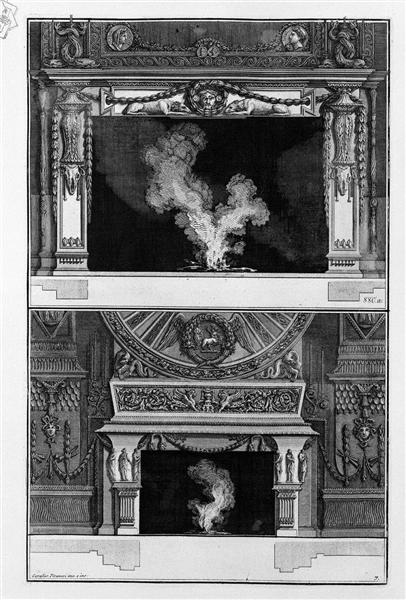 Two fireplaces overlapping: the support with a mask wreathed crouched between two greyhounds - Джованни Баттиста Пиранези