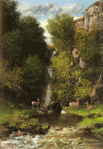 A Family of Deer in a Landscape with a Waterfall - Gustave Courbet