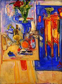 Table with Teakettle, Green Vase and Red Flowers - Hans Hofmann