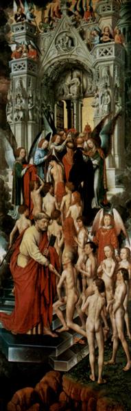 Tríptico (aba esquerda) do O Último Julgamento, os Abençoados nas Portas do Céu (Paraíso) com São Pedro, c.1471 - Hans Memling