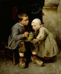A Boy Feeding his Younger Sister - Helene Schjerfbeck