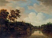 Ferry Boat on a River, Trees on a Hill to the Left - Hendrik Cornelisz. Vroom