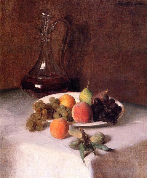 A Carafe of Wine and Plate of Fruit on a White Tablecloth, 1865 - 方丹‧拉圖爾