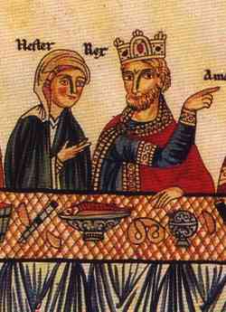 Esther and Ahashuerus at a banquet - Herrad of Landsberg
