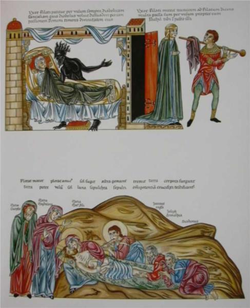 Top -  The Dream of Pilate's wife, Bottom - After the death of Jesus - Herrad de Landsberg