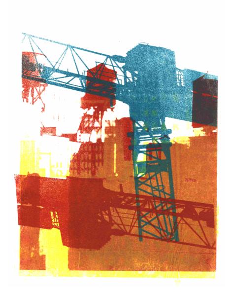Green & 'Red building crane' - mono-print art, 2010; Dutch artist, Hilly van Eerten, 2010 - Hilly van Eerten