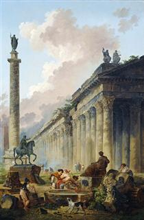 Vue imaginaire de Rome avec la statue équestre de Marc-Aurèle, la colonne de Trajan et un temple - Hubert Robert