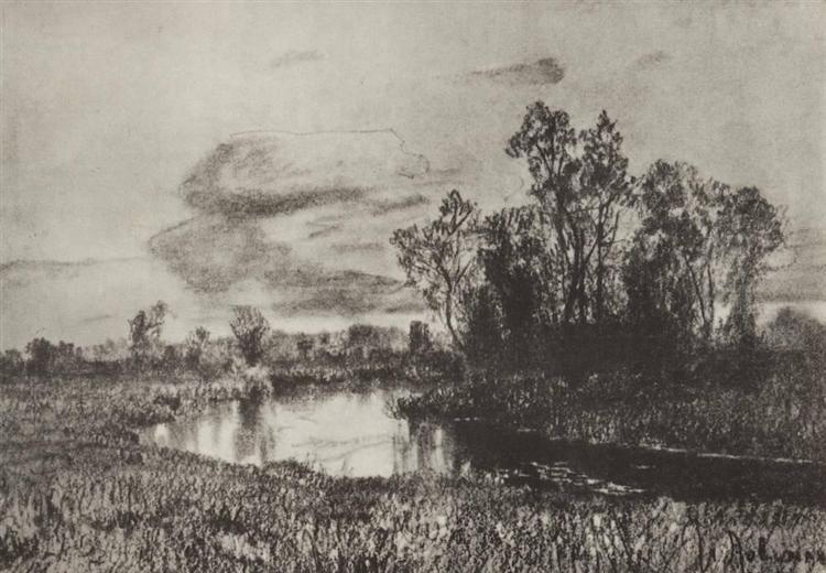 Серый день. Речка., c.1885 - Исаак Левитан