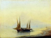 Barge in the sea shore - Iwan Konstantinowitsch Aiwasowski