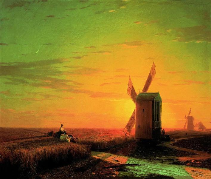Windmills in the Ukrainian steppe at sunset, 1862 - Ivan Aivazovsky