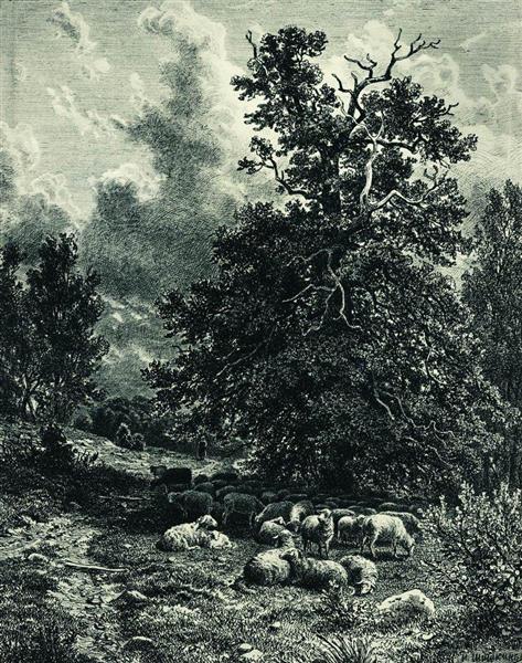 Herd of sheep on the forest edge - Iván Shishkin