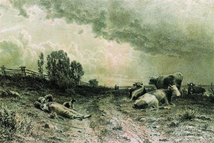 Summer in the field (Landscape with a Herd) - Iván Shishkin