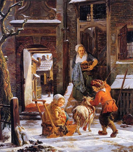 Winter city view with children - Якоб ван Стрий
