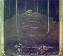 When evening came, troll mother and the boy sneaked out of the mountain. They carried the trolls' cauldron between themselves on a stick - John Bauer