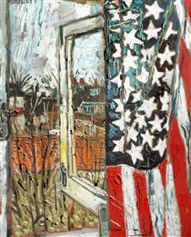 From the Coach House Window, Curtained with a 45 Star Flag - John Bratby