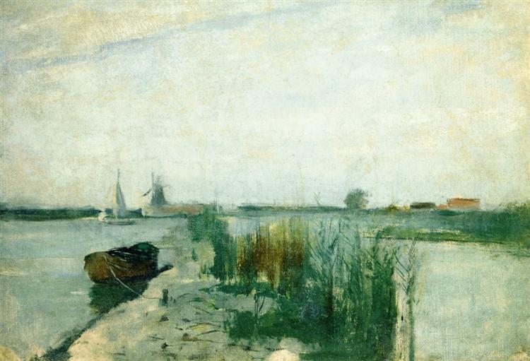Scene along a Dutch River, c.1885 - Джон Генри Твахтман (Tуоктмен)