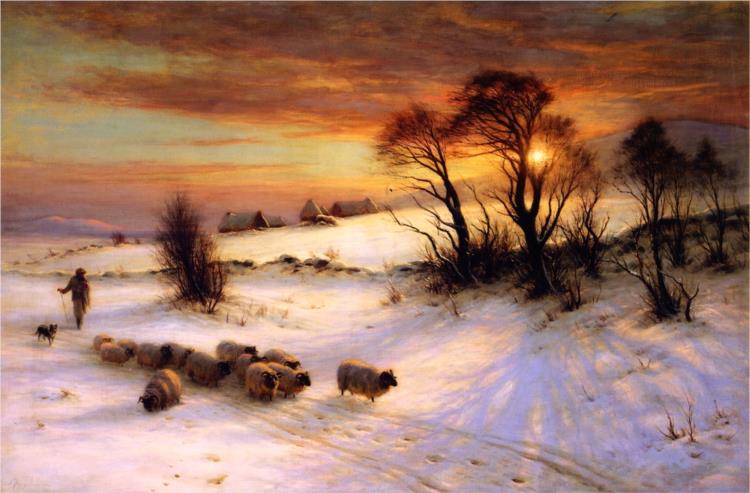 Herding Sheep in a Winter Landscape at Sunset - Joseph Farquharson