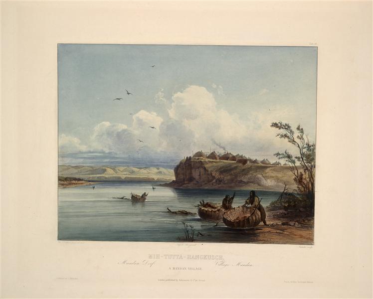 A Mandan village, plate 16 from Volume 1 of 'Travels in the Interior of North America', 1843 - Karl Bodmer