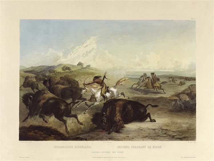 Indians hunting the bison, plate 31 from Volume 2 of 'Travels in the Interior of North America', 1834 - Карл Бодмер