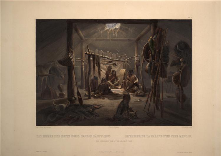 The Interior of a Hut of a Mandan Chief, plate 19 from Volume 2 of 'Travels in the Interior of North America', 1844 - Karl Bodmer