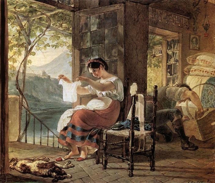 Итальянка, ожидающая ребенка, разглядывает рубашку, муж сколачивает колыбель, 1831 - Карл Брюллов
