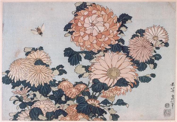Chrysanthemums and Horsefly - 葛飾北齋