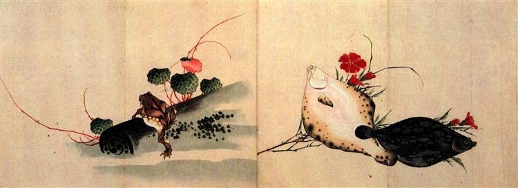Flat fish and pink - Katsushika Hokusai