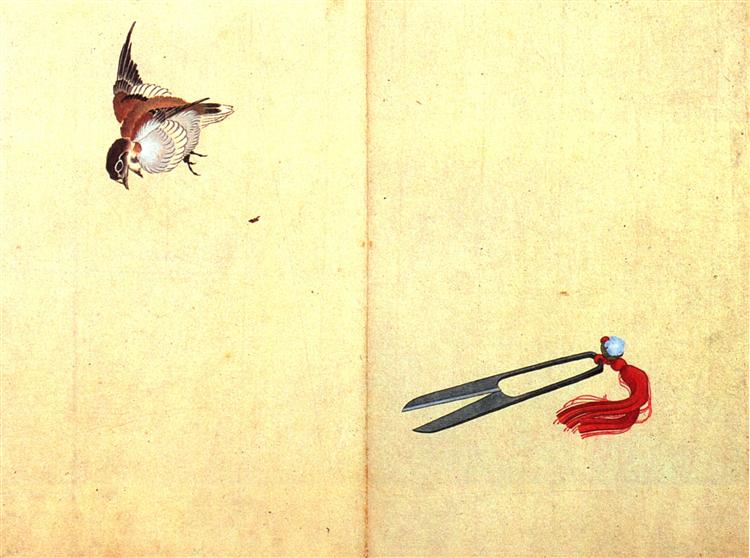 Pair of sissors and sparrow - Hokusai