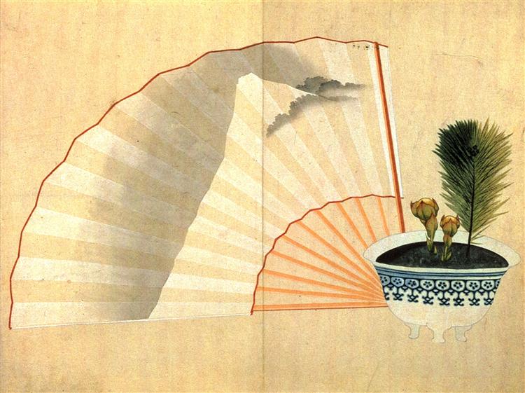 Porcelain pot with open fan - Katsushika Hokusai